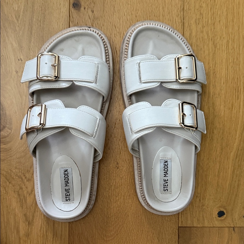 Steve Madden Cream Double Buckle Slides